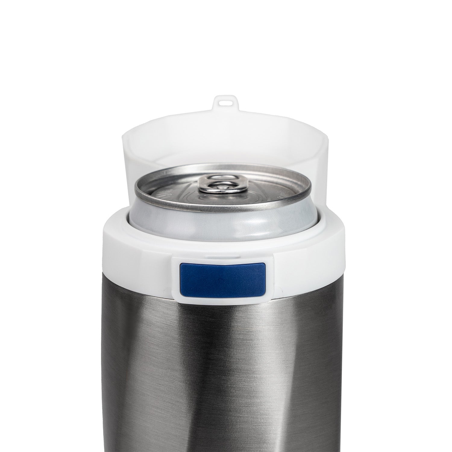 a close-up of a can in the Slim Can Cooler and the locking lid system and blue unlock button