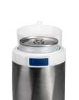 a close-up of a can in the Slim Can Cooler and the locking lid system and blue unlock button