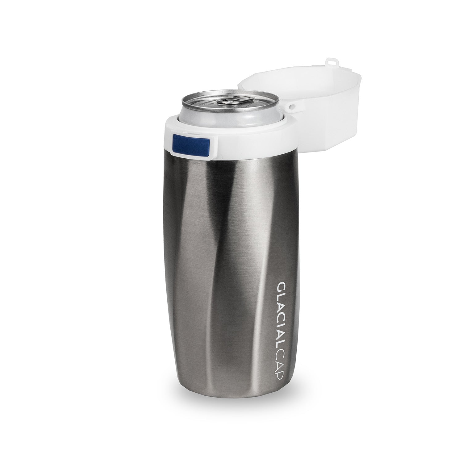 a can sitting in the Skinny Arctic 12 oz Slim Can Cooler in brushed silver