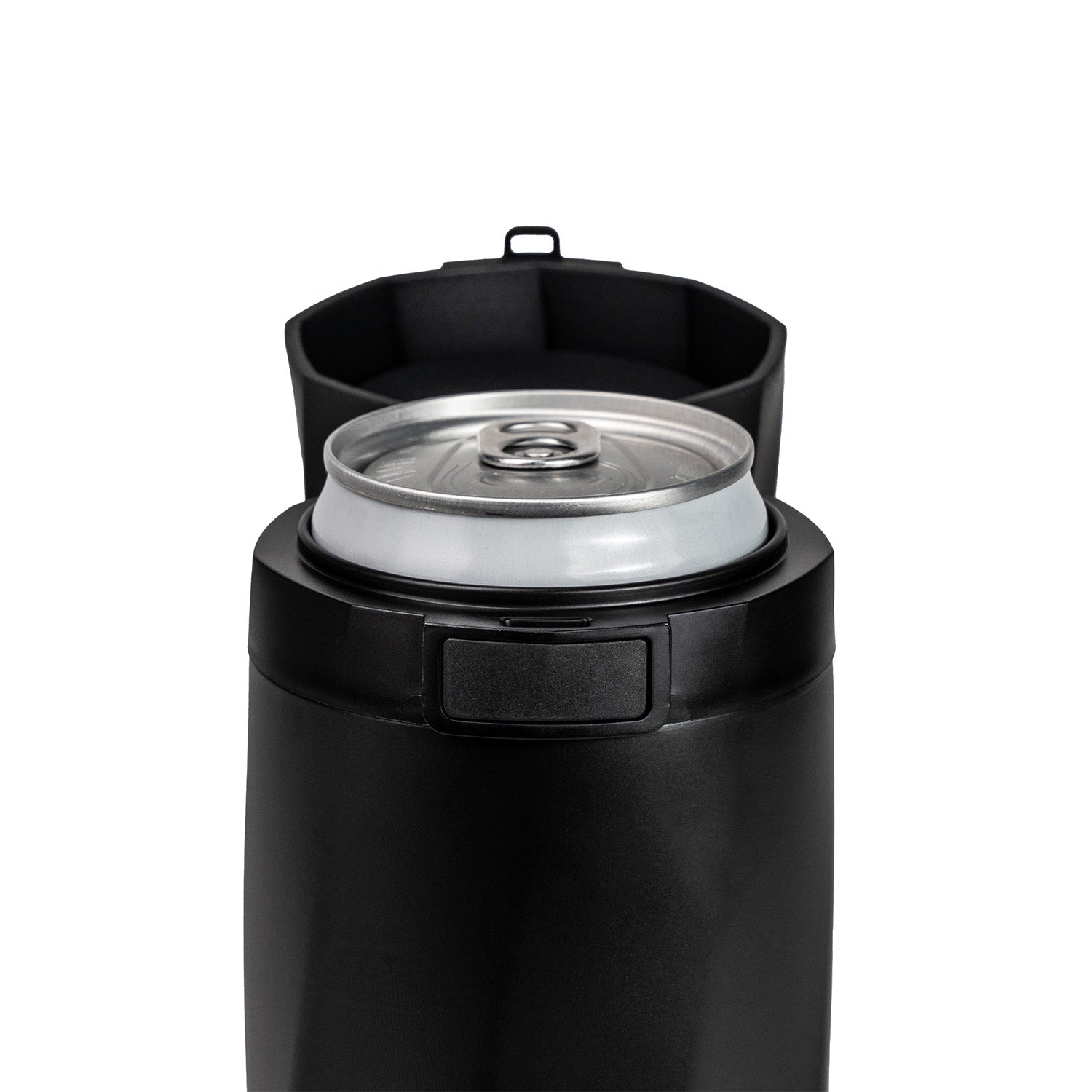 a close-up of a can in the Slim Can Cooler and the locking lid system and black unlock button