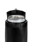 a close-up of a can in the Slim Can Cooler and the locking lid system and black unlock button