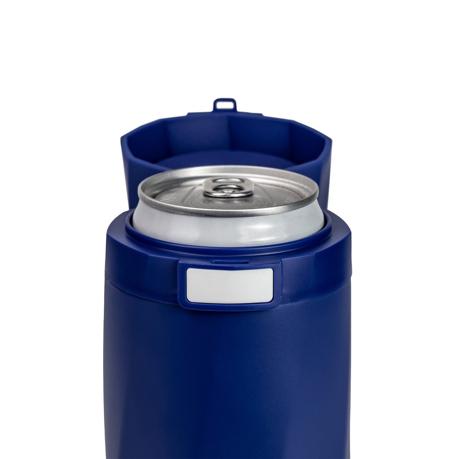 a close-up of a can in the Slim Can Cooler and the locking lid system and white unlock button