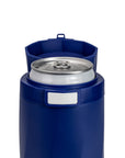 a close-up of a can in the Slim Can Cooler and the locking lid system and white unlock button