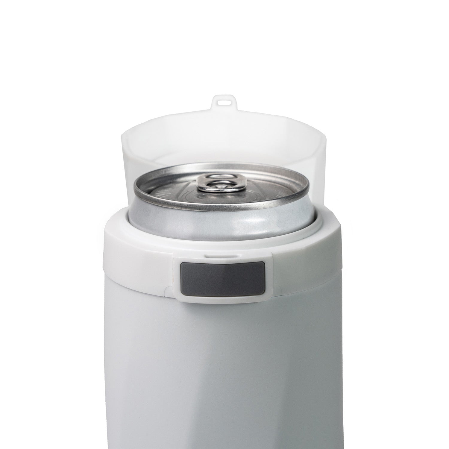 a close-up of a can in the Slim Can Cooler and the locking lid system and grey unlock button